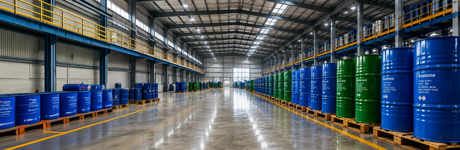 Bulk chemical drums on pallets at an OfBusiness warehouse