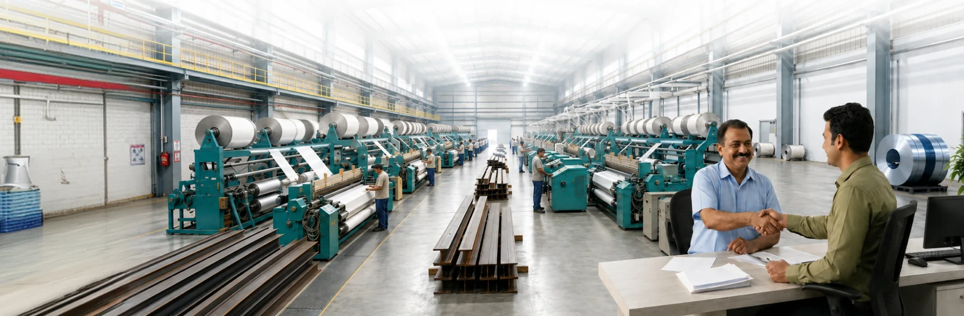 Business owners closing an Oxyzo financing agreement on a factory floor
