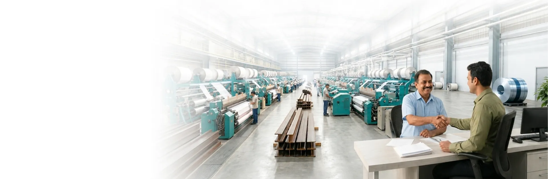 Business owners closing an Oxyzo financing agreement on a factory floor