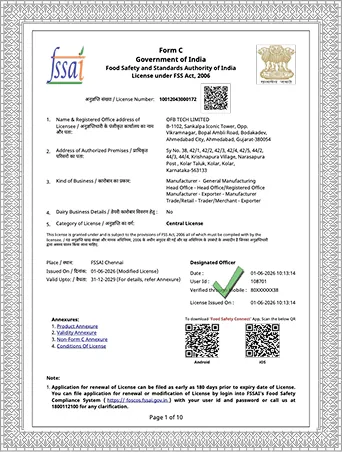 OFB Tech Limited FSSAI certificate
