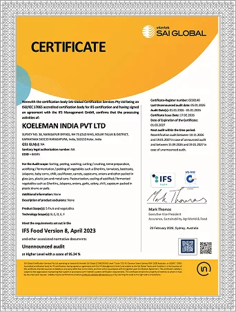 OFB Tech Limited IFS Food Version 8 certificate