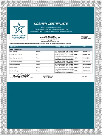 OFB Tech Limited Kosher Certified certificate
